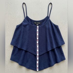 Flowy Midnight Navy Blue Layered Aztec Stripe Spaghetti Strap Top Shirt Small